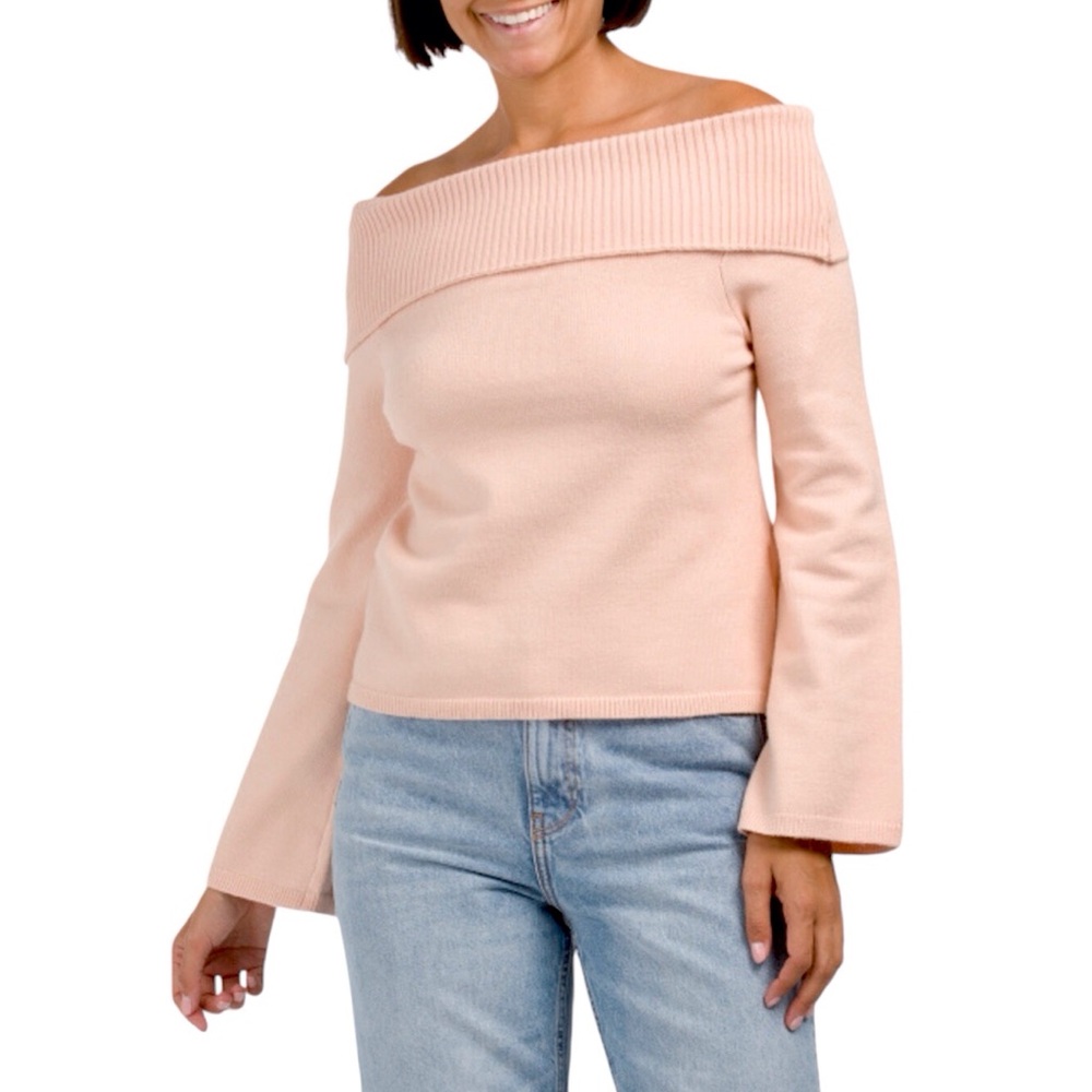 MINK PINK Off The Shoulder Pink Long Flare Sleeve Kaia Sweater Size Large